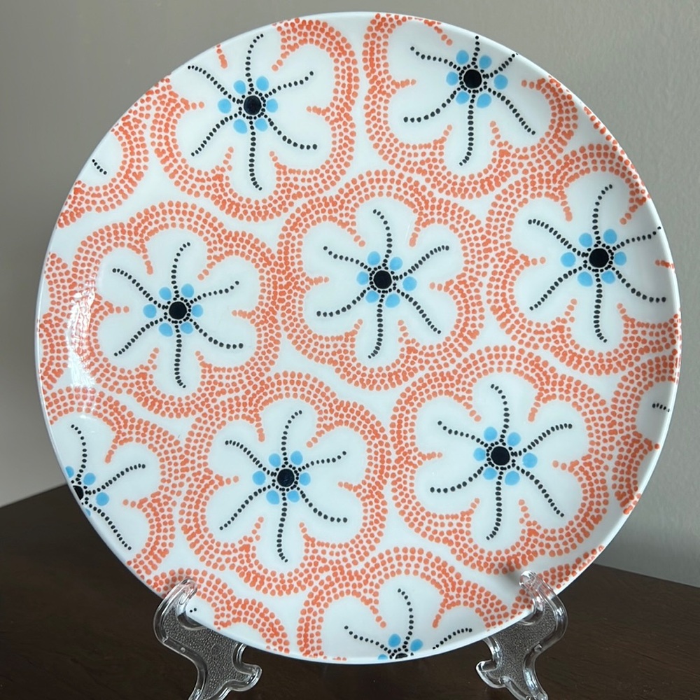Anthropologie Fun Whimsical Pointillism Orange Floral Plate